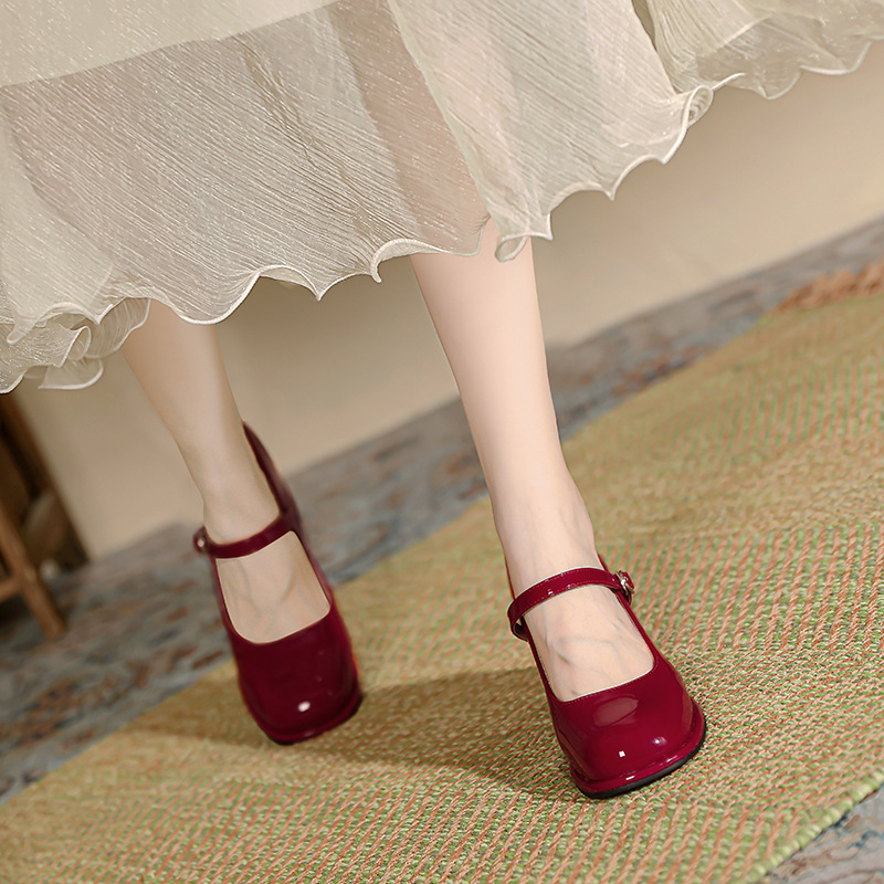 Women's Small Size With Chunky Heel Red Round Toe Large Size