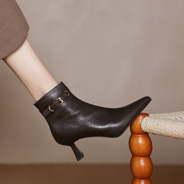 All-leather Fashion Boots Top-layer Sheepskin Stiletto Heel Pointed Toe Side Belt Buckle Chic Retro High Heels foto 5
