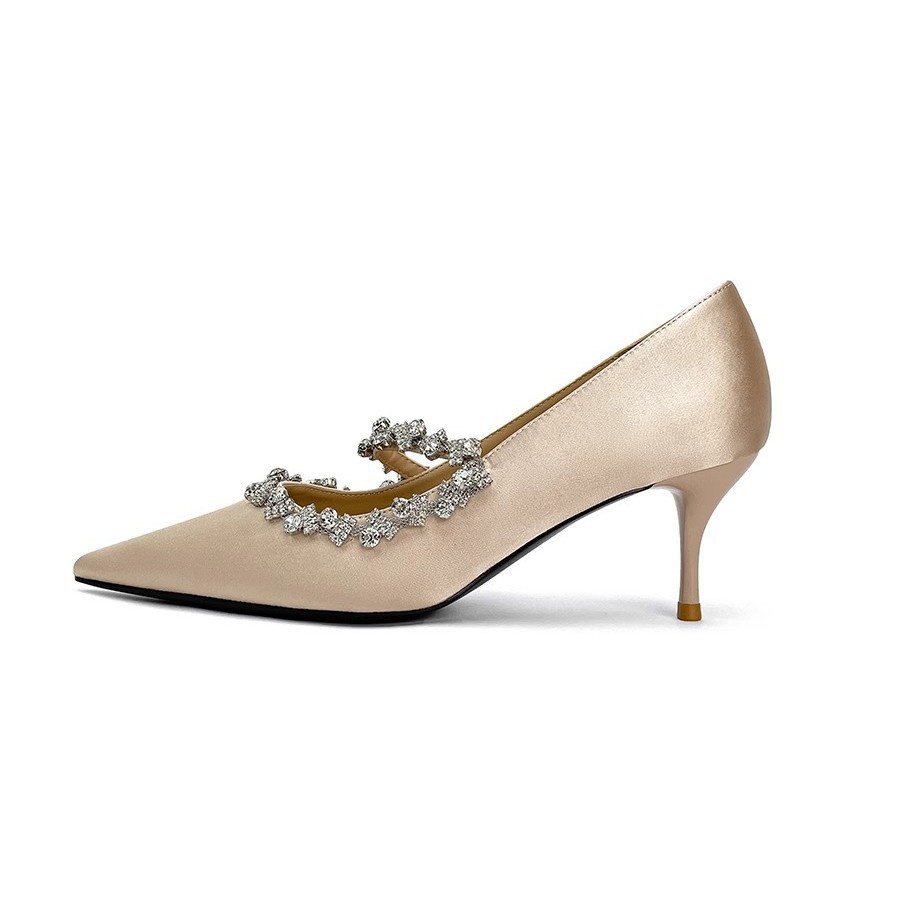 French Beautiful Wedding Shoes Rhinestone Pointed Toe Nude Color foto 2