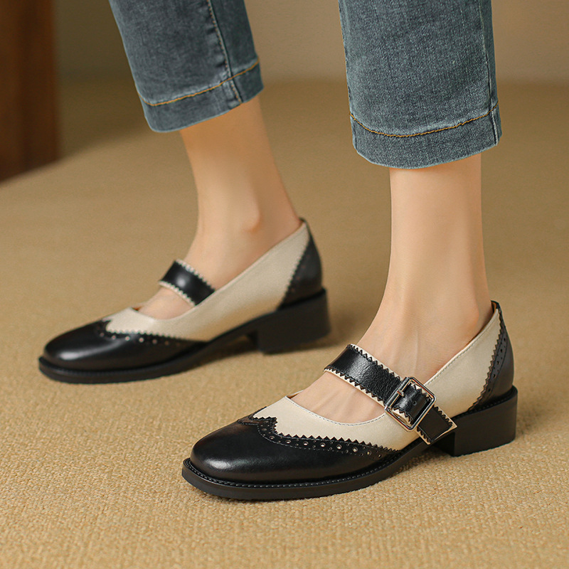 Square Head Female Color-blocking Leather Shoes Middle Documentary foto 4