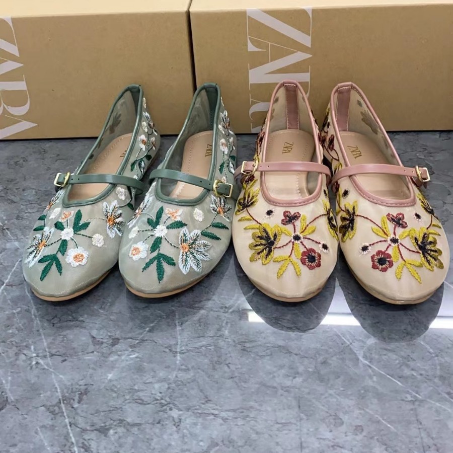 Women's Shoes Green Flower Embroidered Mesh Cloth Ballerina Flats New Guo Feng foto 4
