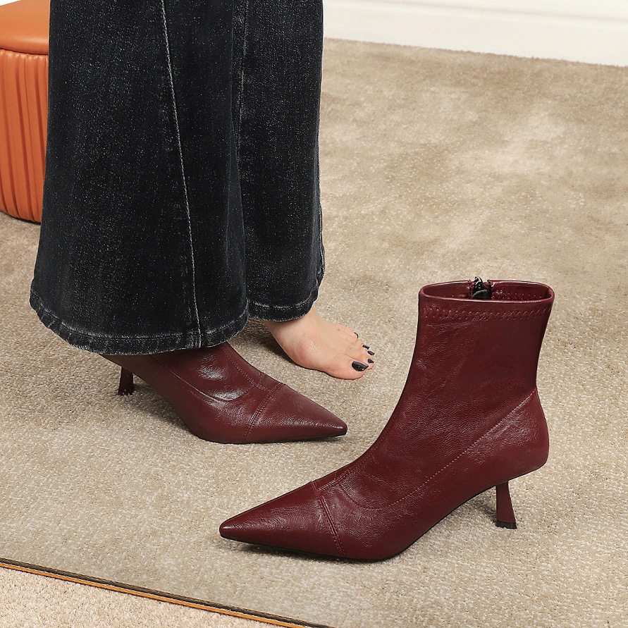 Slim Retro Soft Leather Pointed Toe Bare Single Boots Thin Heel foto 5