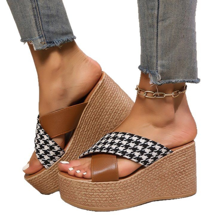 Cross Leopard Plaid Wedge Sandals foto 5