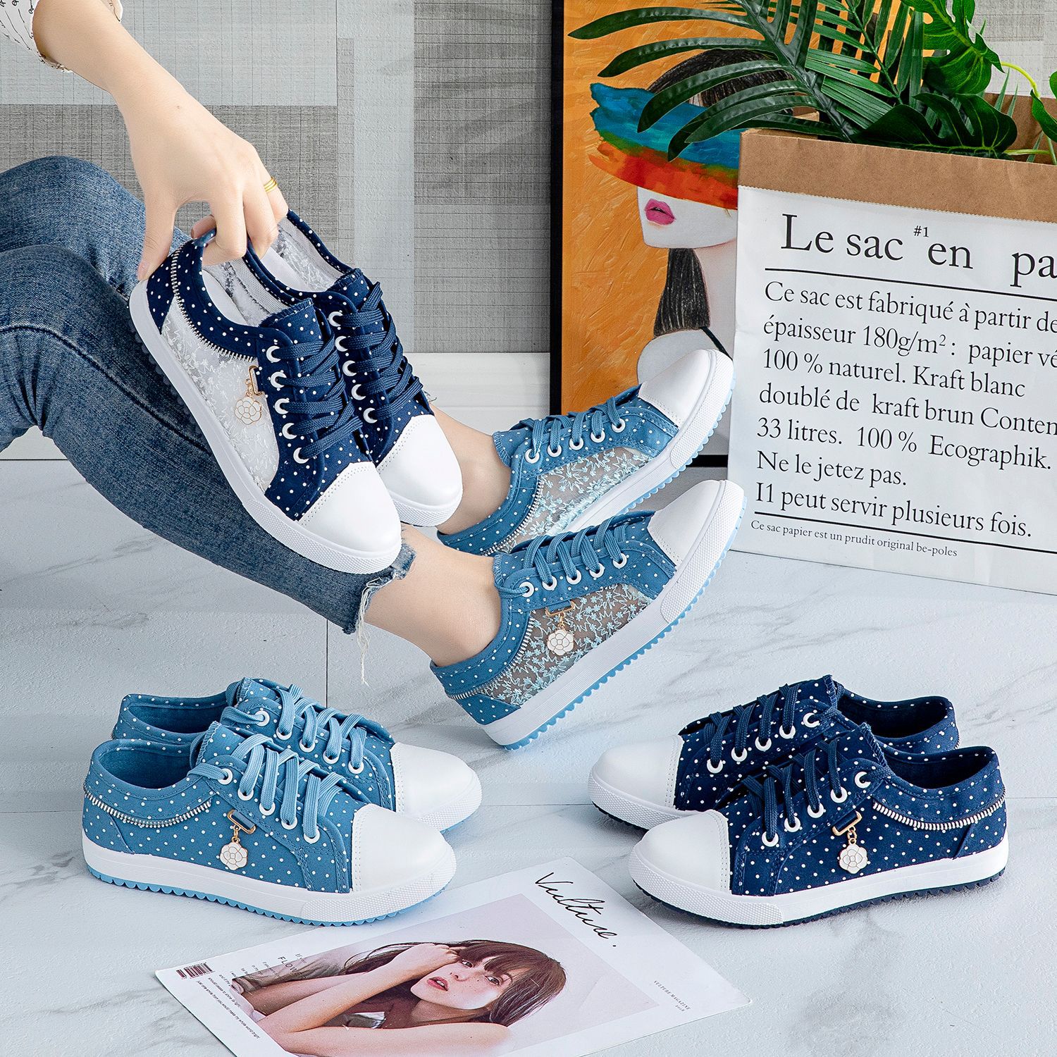 Women's Hollow Denim Mesh Flat Casual Shoes foto 3