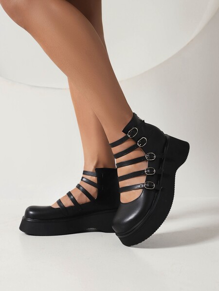 Womens High-top Shoes With A Thick Hollowed-out Leather Belt Buckle foto 3