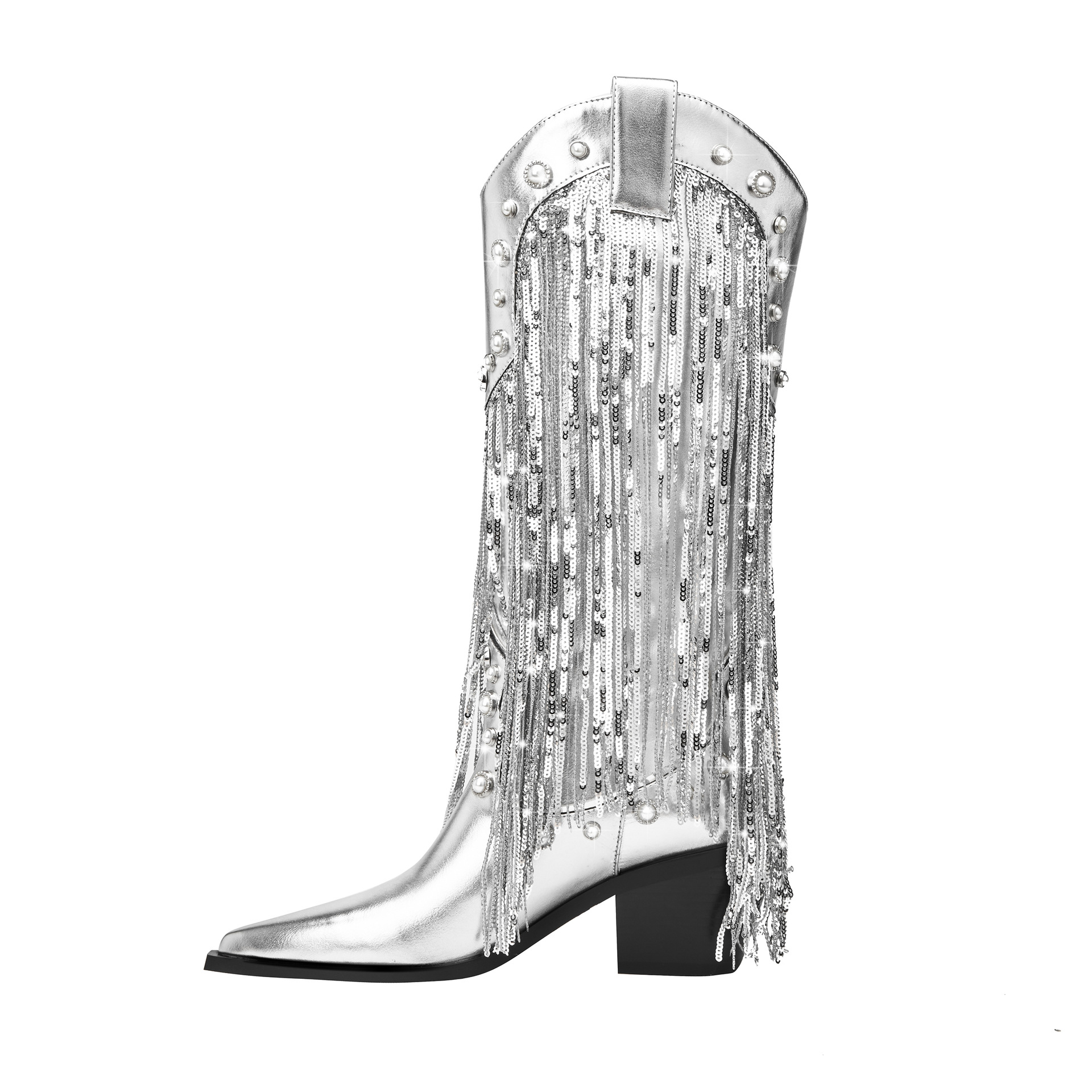 Sequin Tassel Pointed Sleeve High Leg Boot