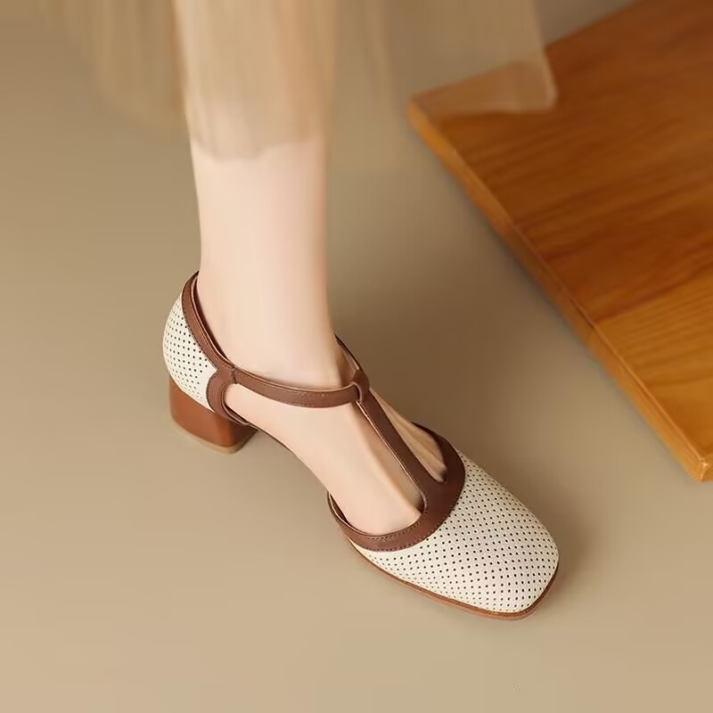 Hole Sandals Female Summer Retro Style Color Block Chunky Heel Pumps foto 4