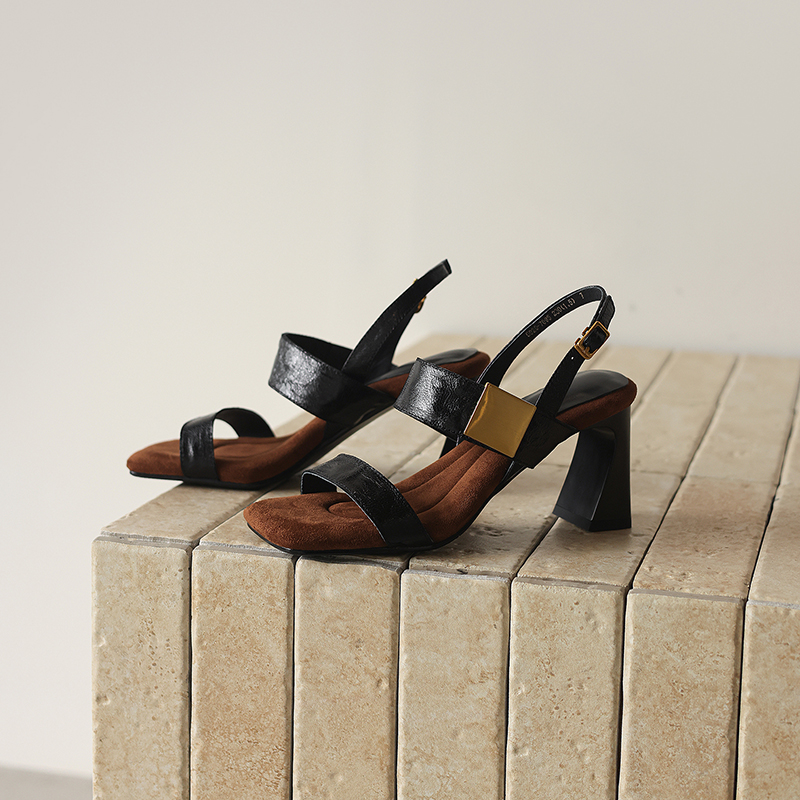 Women's Handmade Full-Grain Sheepskin Block Heel Sandals, Square-Toe Slingback Heels With Pigskin Lining & Non-Slip TPR Sole