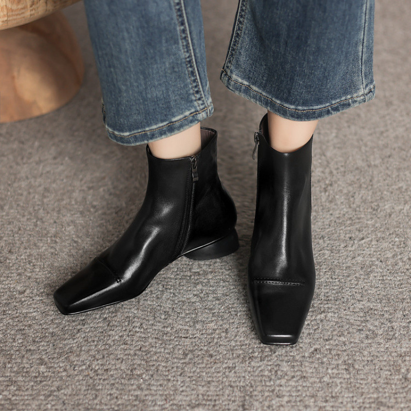 Women's Fashion Cowhide Shoes With A Square Toe, Side Zipper, And Chunky Mid-heel foto 5
