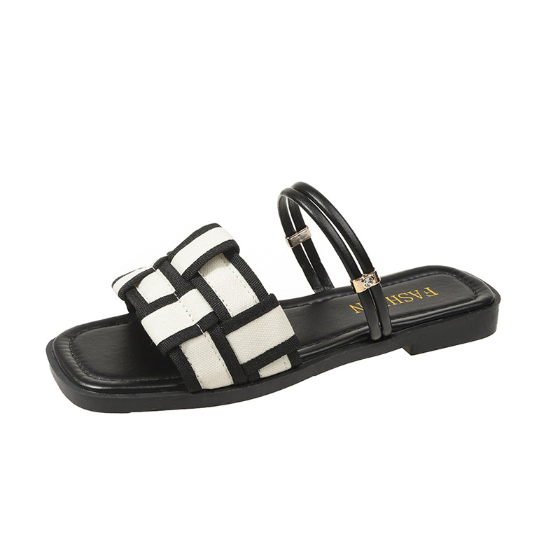 Square Toe Sandals Women's Canvas Check Pattern Flat Sandals foto 4