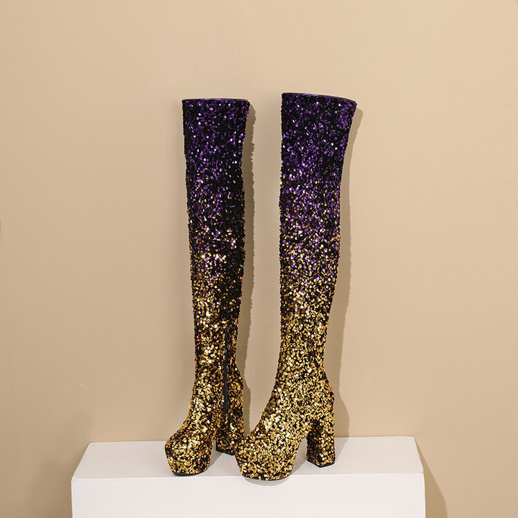 Sequin Gradient Round-Toe Side-Zip Chunky Heel Over-the-Knee Womens Boots foto 3