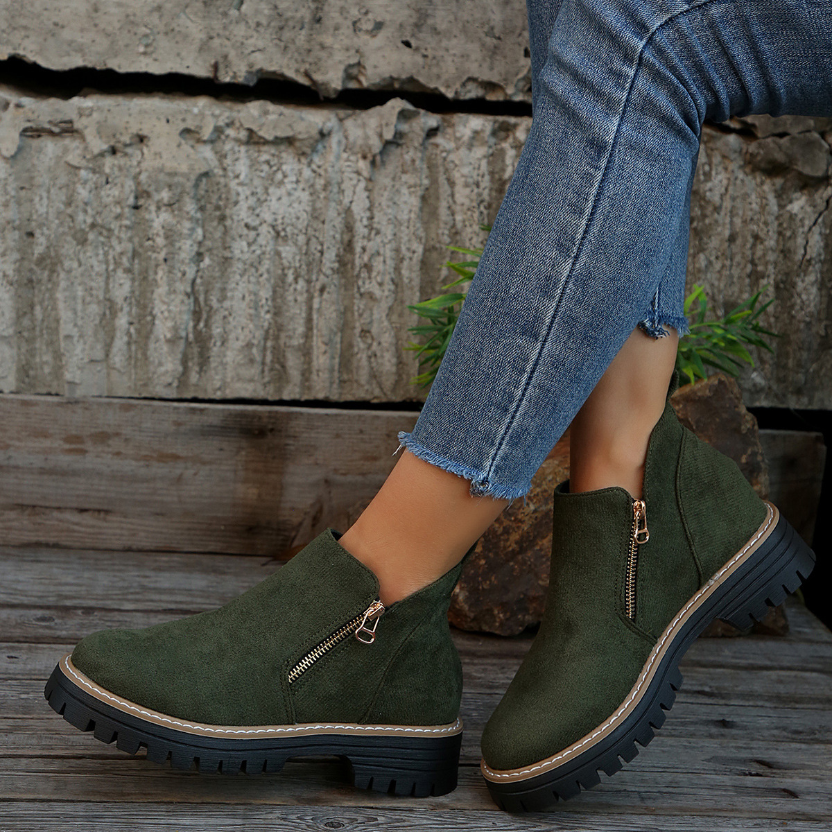 Fashion Ankle Boots With Side Zipper Ins Chunky Boots Autumn Winter Suede Shoes Women foto 2