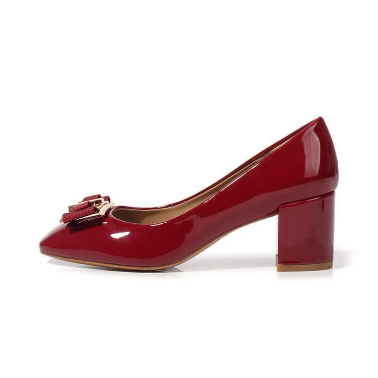 Mid Heel Round Head Chunky Heel High Heel Patent Leather Women's Shoes foto 3