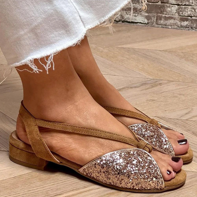 Brown Suede Glitter Embroidered Peep Toe Sandals foto 5