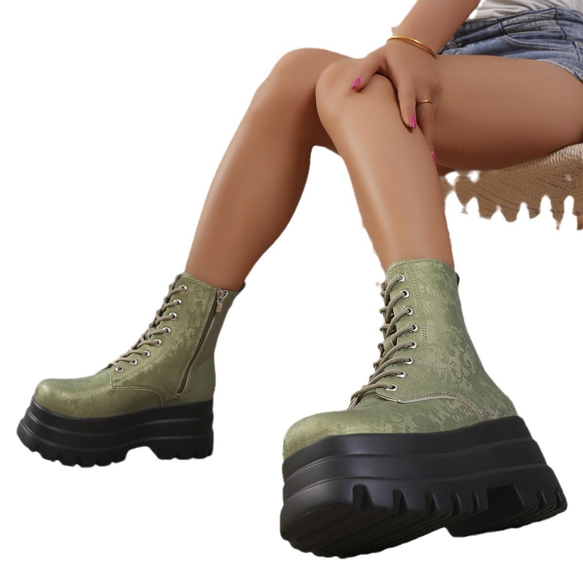 Women's Three-layer Platform Plus Round Toe Patchwork Retro Cool Martin Boots foto 2
