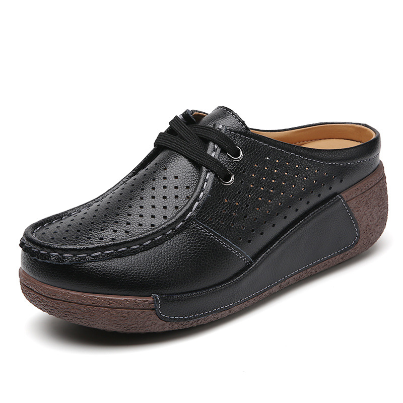 New Plus Size Hollow-out Soft Bottom Wedge Women's Genuine Leather Platform Slippers Summer Outerwear foto 5