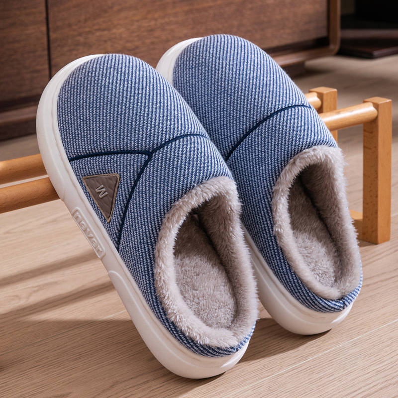 Solid Striped Home Slippers Winter Warm Fleece Shoes Men Indoor Bedroom Floor Plush Slippers For Women Couple foto 3