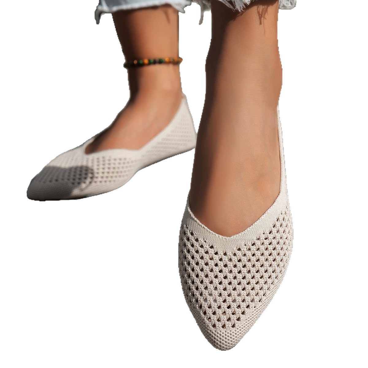Womens Solid-Colored Pointed-Toe Flat Shoes Casual Fabric Flyknit Loafers foto 2