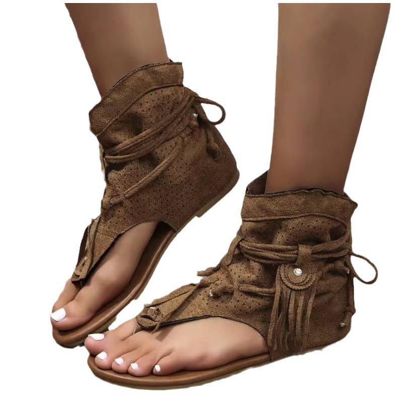 Retro Flat Bottom Tassel Hollow Toe Sandals foto 2
