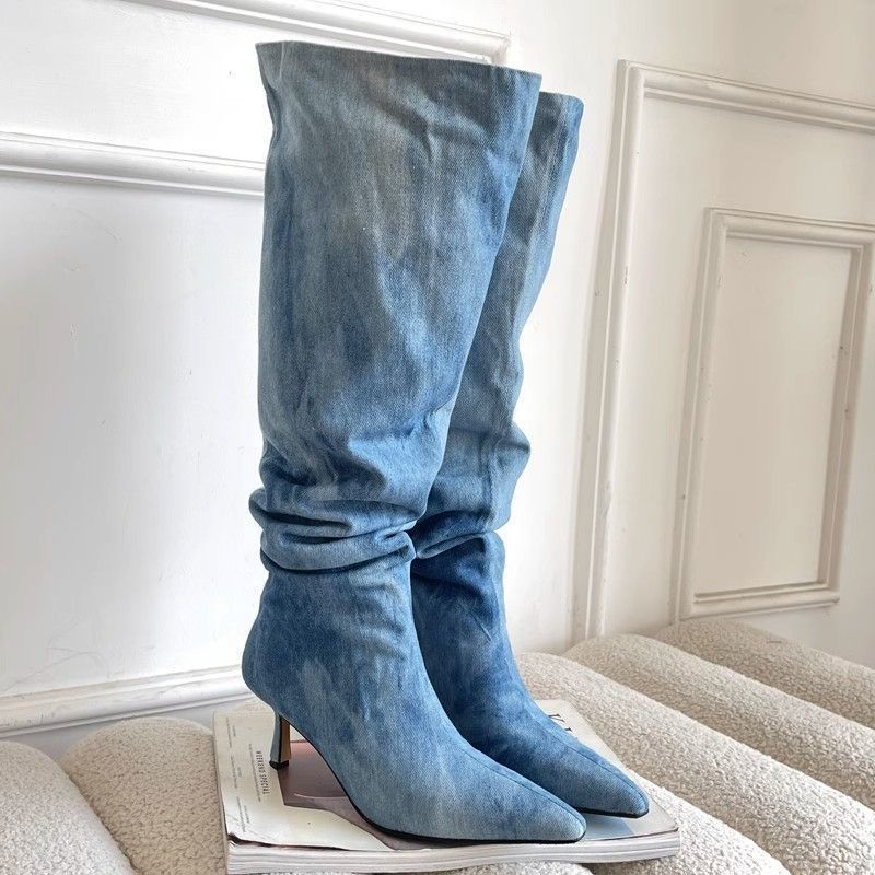 Pointed Toe Women's Stiletto Denim High Heel Below The Knee Boots foto 5
