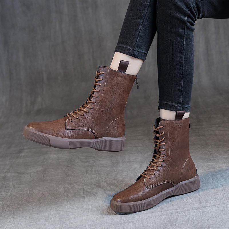 Flat Heel Retro Low Leather Boots Soft Bottom Lace Up Back Zipper foto 2