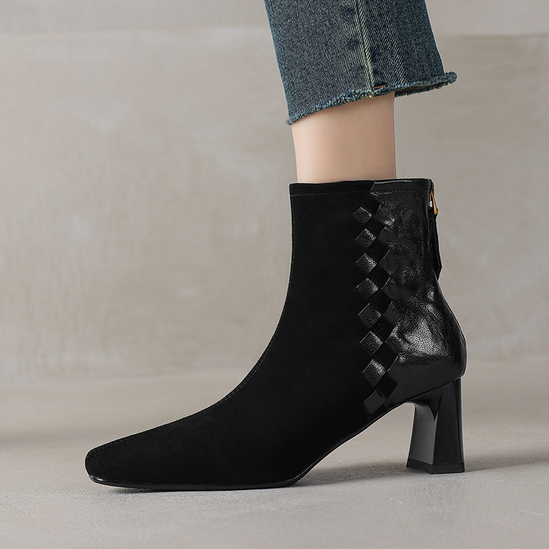 Womens Korean-style Square-toe Leather Chunky-heel Patchwork Ankle Boots foto 5