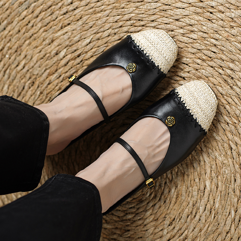 Women's Handmade Full-Grain Leather Mary Jane Mules, Square-Toe Espadrille-Style Slide Sandals