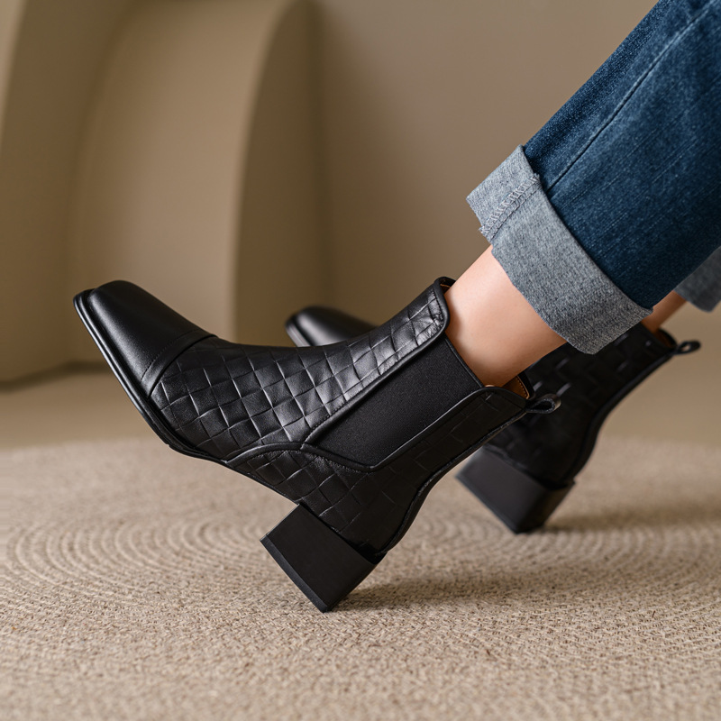 Retro Woven Square-toe Chunky-heel Womens Full-grain Leather Boots With Elastic Side Panels foto 5