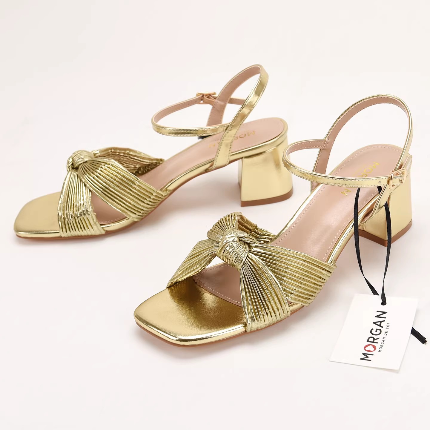 Cross-Strap Knot Square-Toe Mid-Heel Sandals foto 5