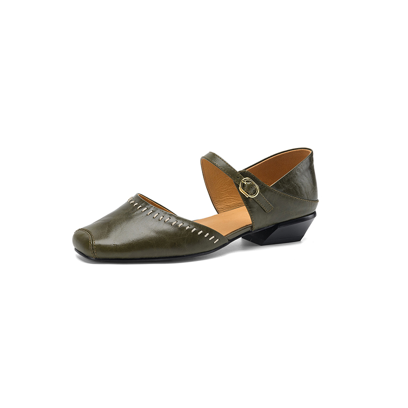 Women's Handcrafted Full-Grain Leather Mary Jane Flats, Square Toe Low Heel Shoes With Contrast Stitching foto 2