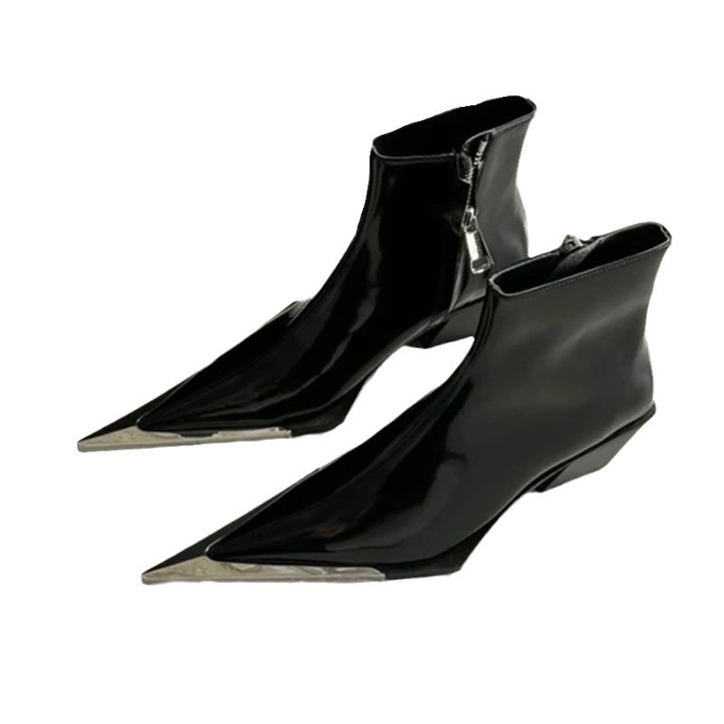 Chunky Heel Metal Toe High Heel Side Zipper Ankle Boots foto 4