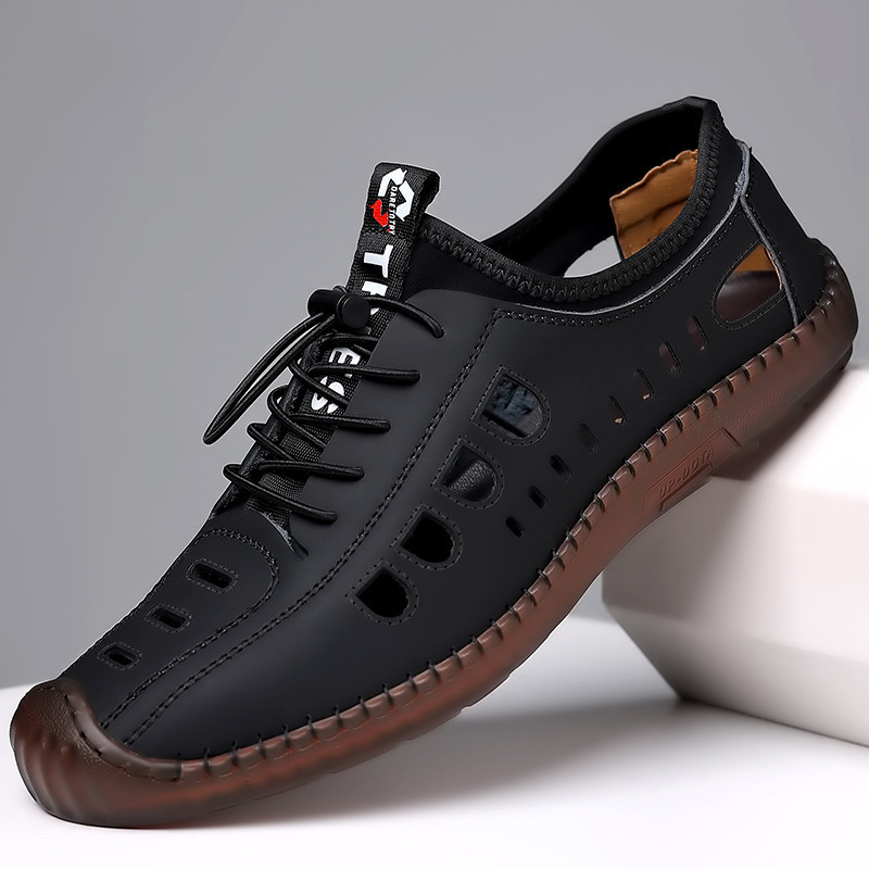 Men's Sandals Hollow Leather Soft Bottom Hole Shoes foto 2