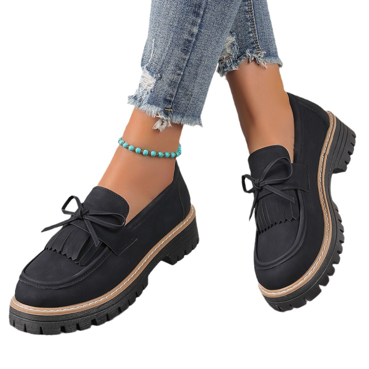 Plus Size Loafers Women Tassel Thick Heel Bowknot foto 2