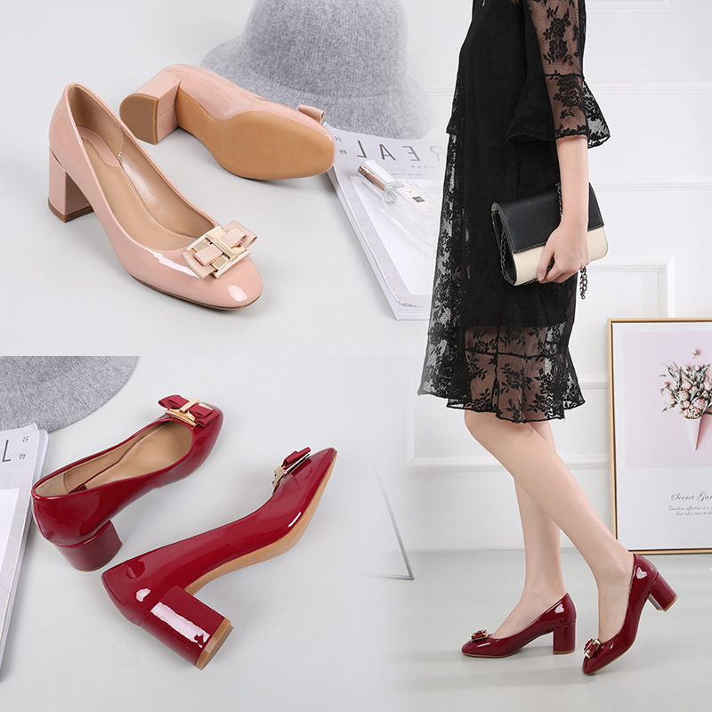 Mid Heel Round Head Chunky Heel High Heel Patent Leather Women's Shoes foto 2