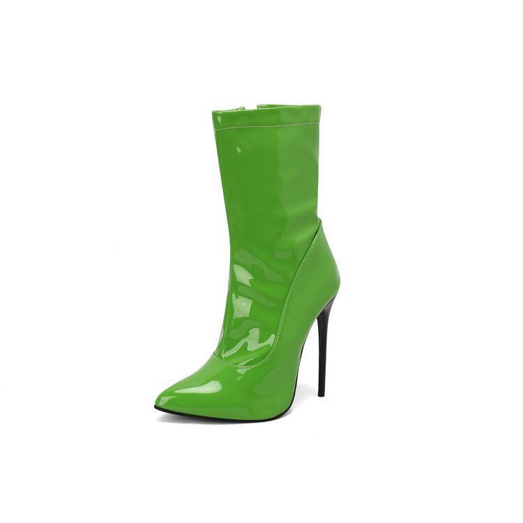 Patent Leather Short Boots Women's High Heel Stiletto Heel Pointed-toe Side Zip foto 2