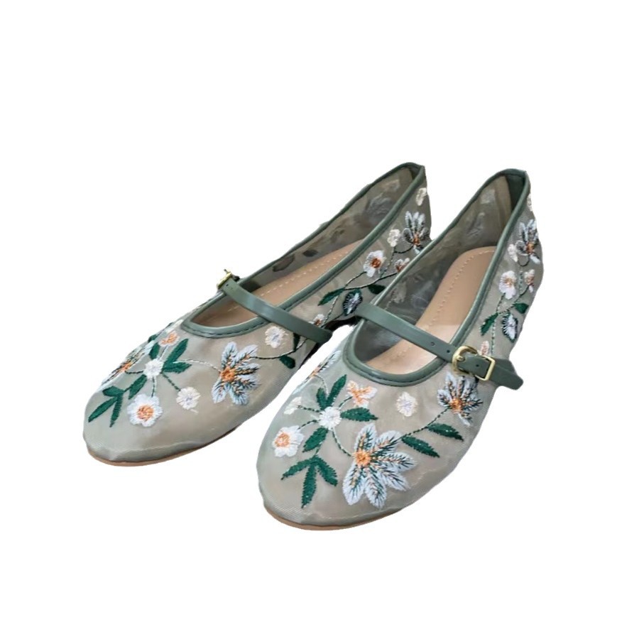 Women's Shoes Green Flower Embroidered Mesh Cloth Ballerina Flats New Guo Feng foto 5