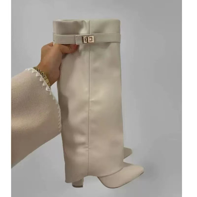 Women's Pointed Toe Straight Tube Metal Buckle Mid-calf Boots