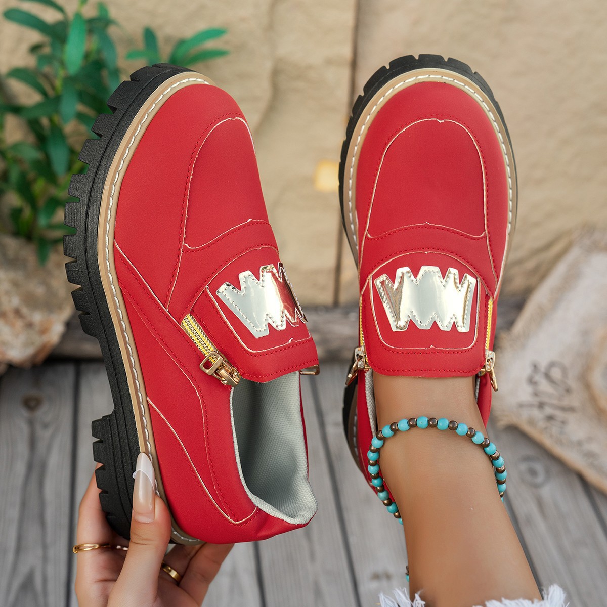 Womens Plus-Size Loafers With Side Zipper And Chunky Platform Sole foto 4