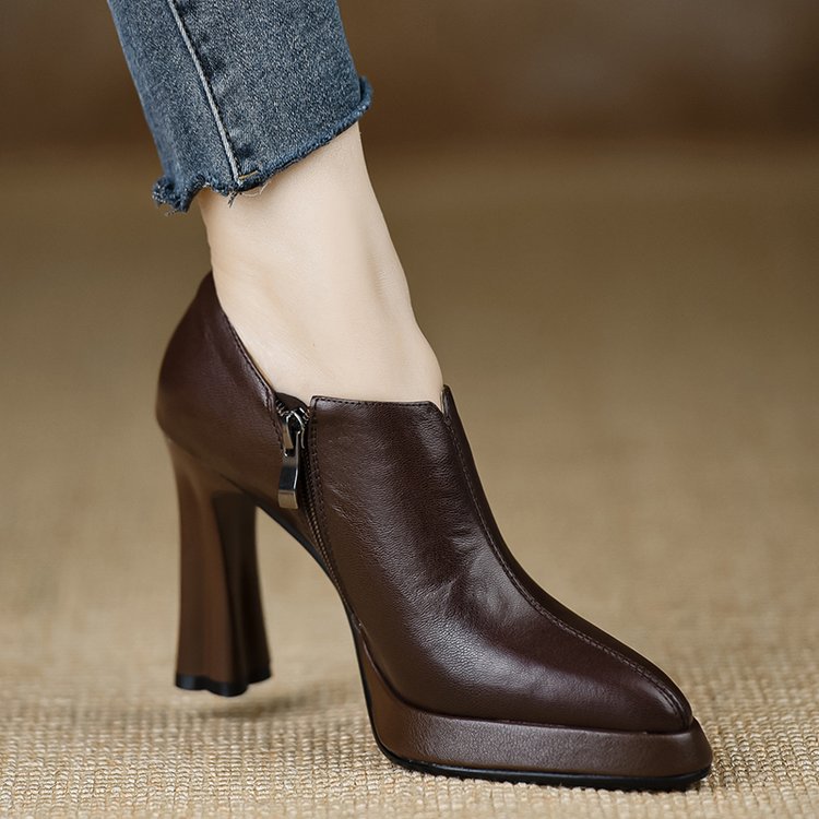 New Style Chunky-heeled Vintage Deep-toe Pumps With Zippers foto 4