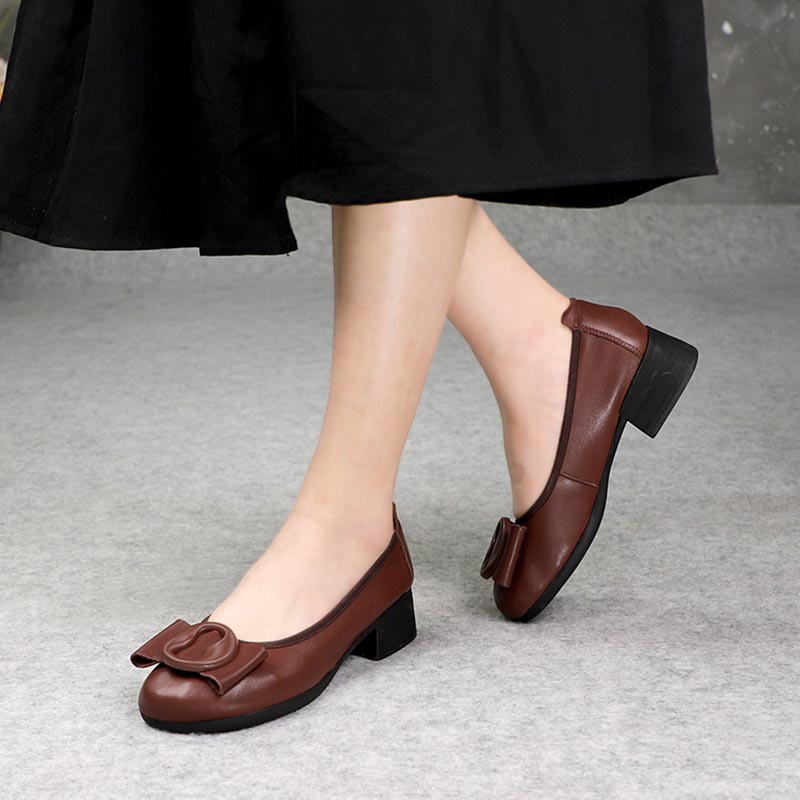 Low-cut Authentic Leather Women's Mid Heel Slip-on Round Head Pumps foto 5