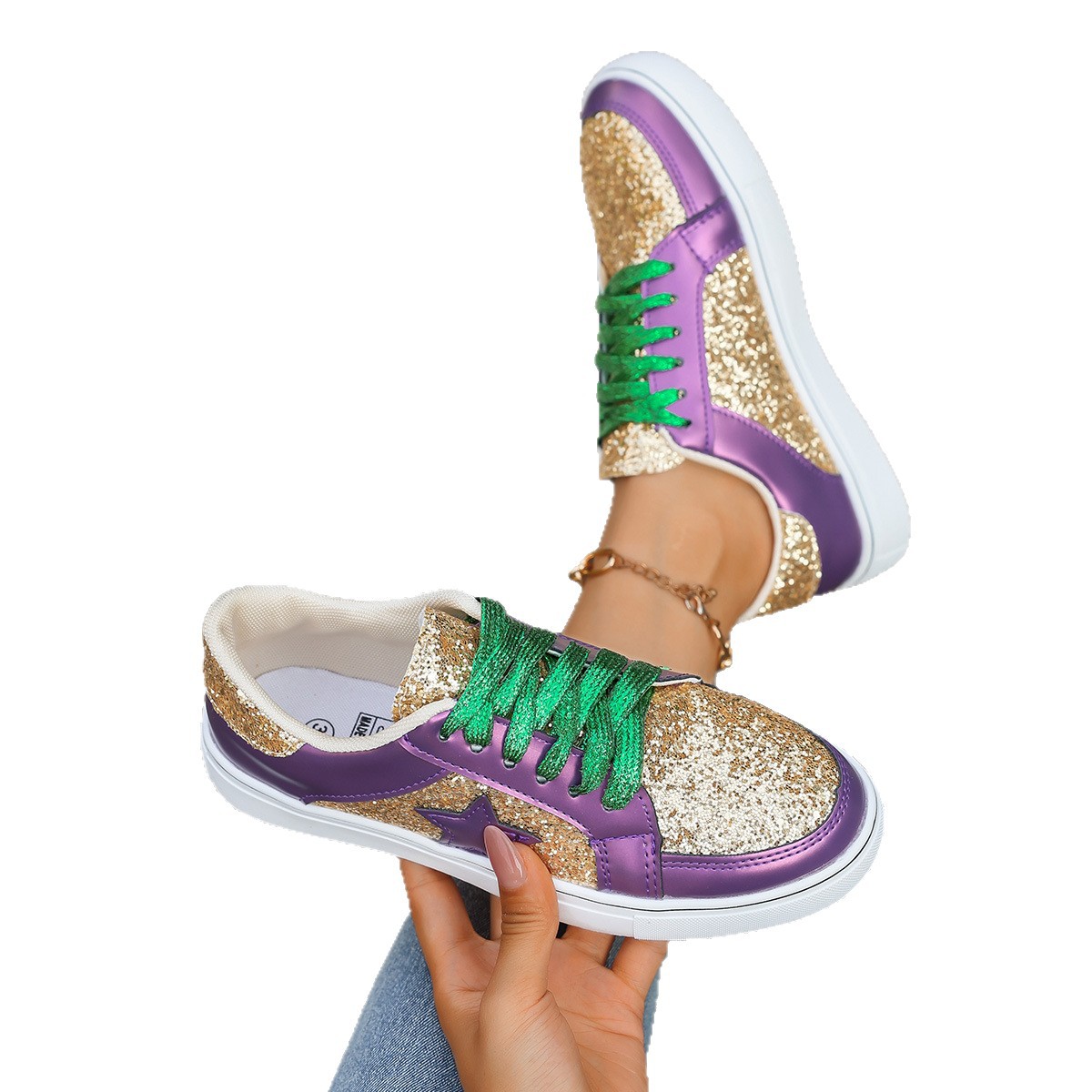 Stylish Flat Chunky-sole Low-top Shoes With Sequins And Lace-up Design foto 3