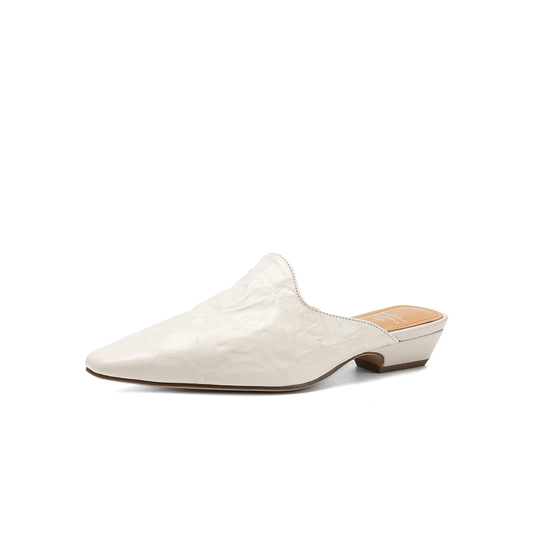 Women's Handmade Full-Grain Sheepskin Mule Slides, Square-Toe Chunky Low-Heel Leather Backless Shoes