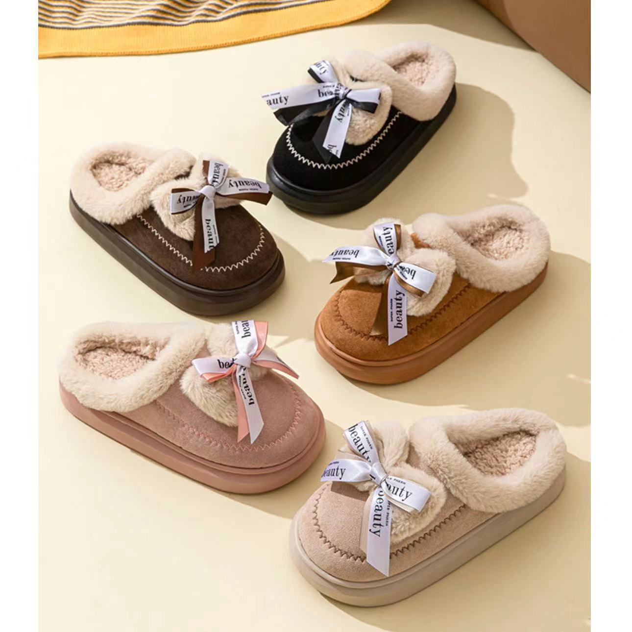 Women's Ribbon Bow Cute Thick Bottom Cotton Half Slippers foto 3