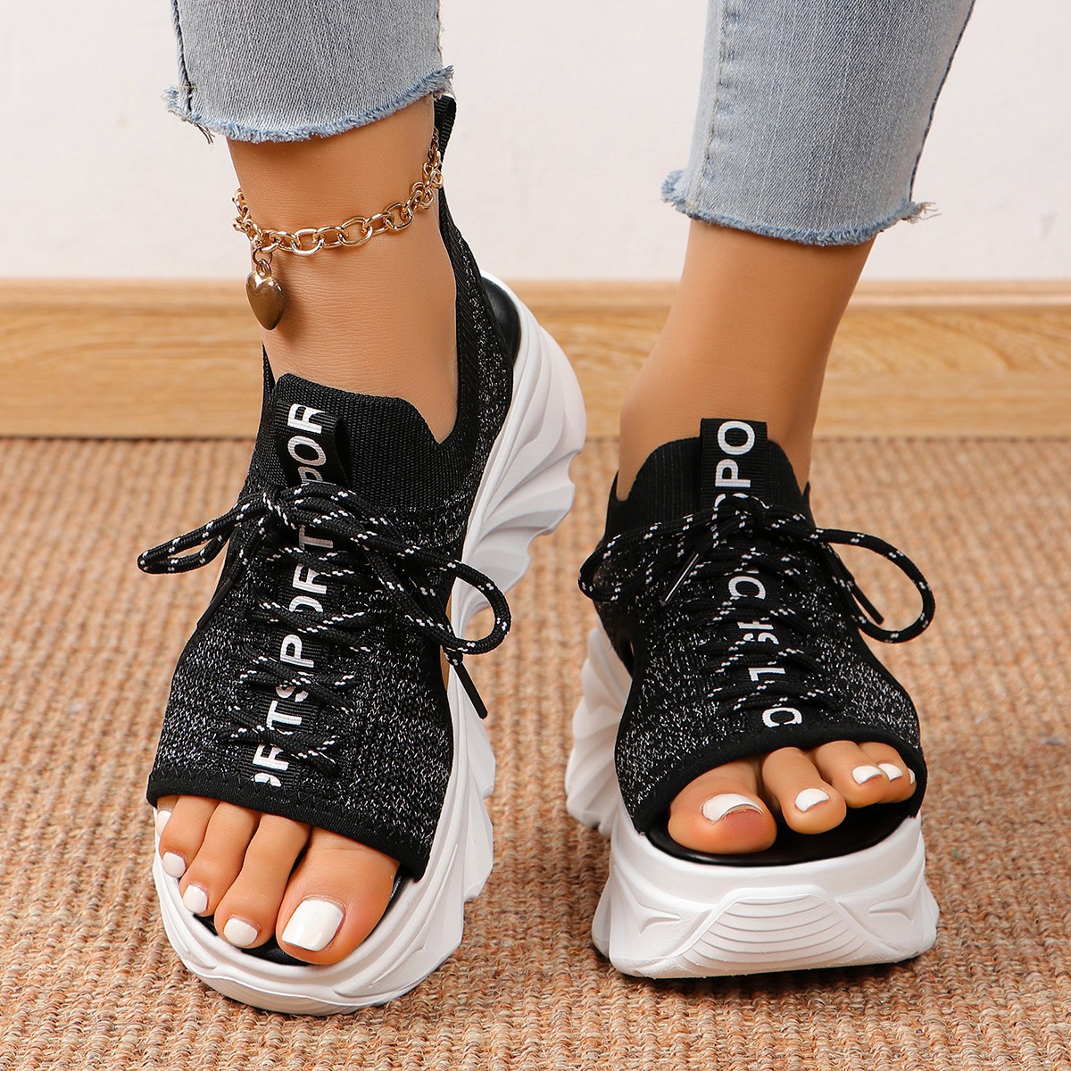 Women's Shoes Fashion Hollowed-out Mid Heel Mesh Sports Platform Sandals foto 3