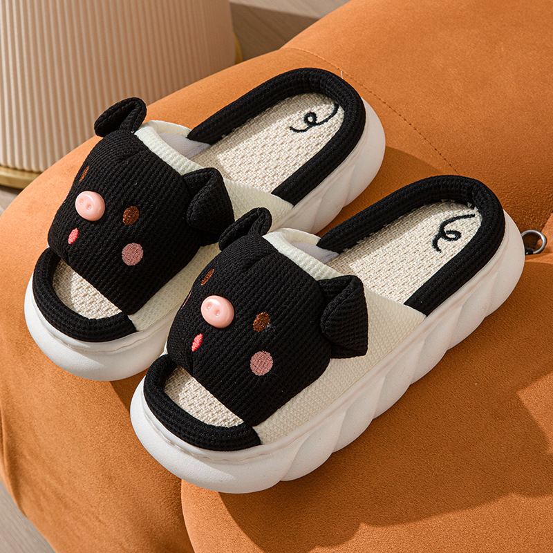 Cute Piggy Slippers Open Toe Linen Home Slipper Couples Women Men Cartoon Pig House Shoes foto 2