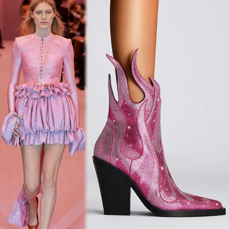 New Sexy Square Toe Chunky Heel Rhinestone Flame Martin Boots foto 3