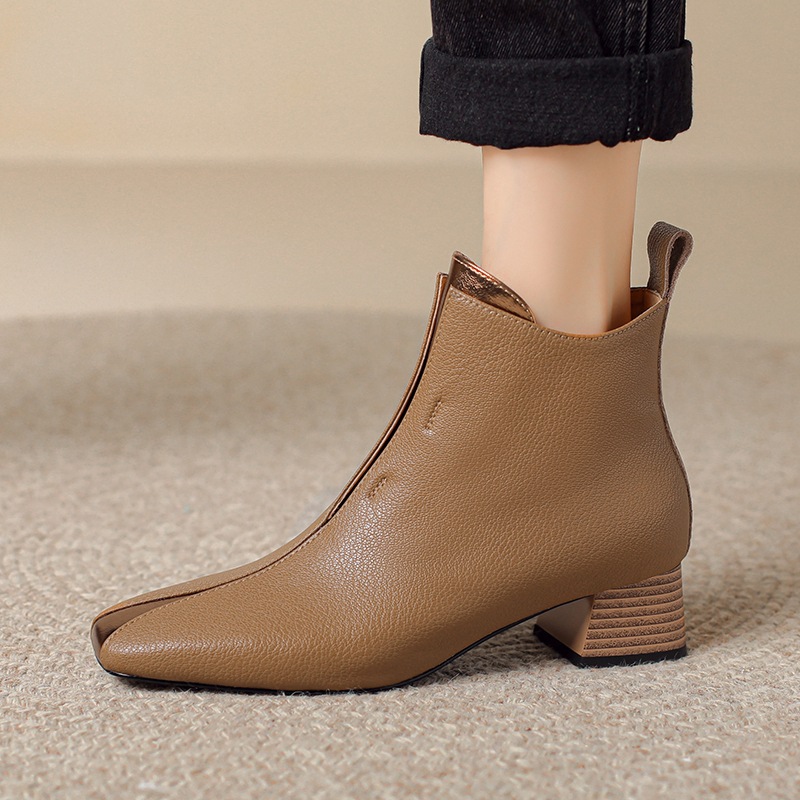 Womens Retro Square-Toe Sheepskin Chunky-Heel Ankle Boots foto 5
