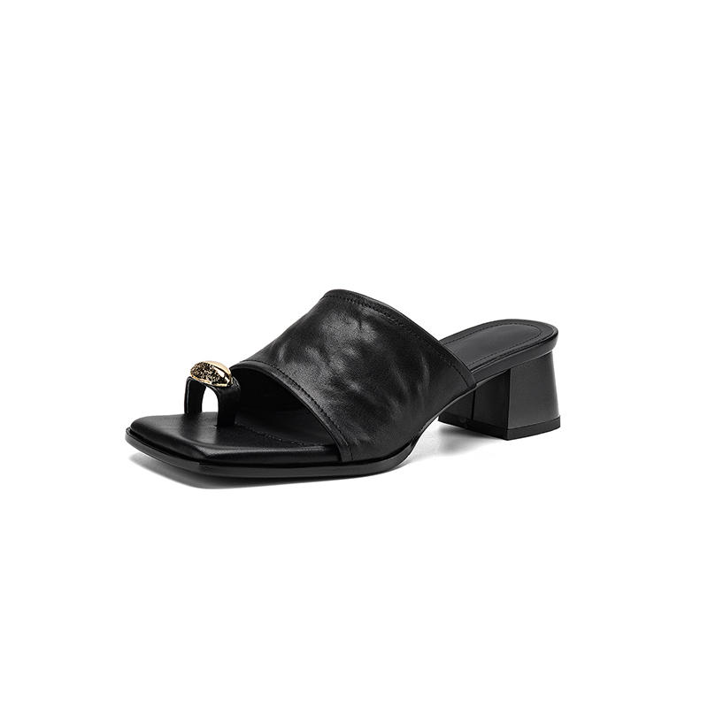 Women's Premium Full-Grain Lambskin Slide Sandals, Handmade Vintage Metal Decor Square Toe Block Heel Mules
