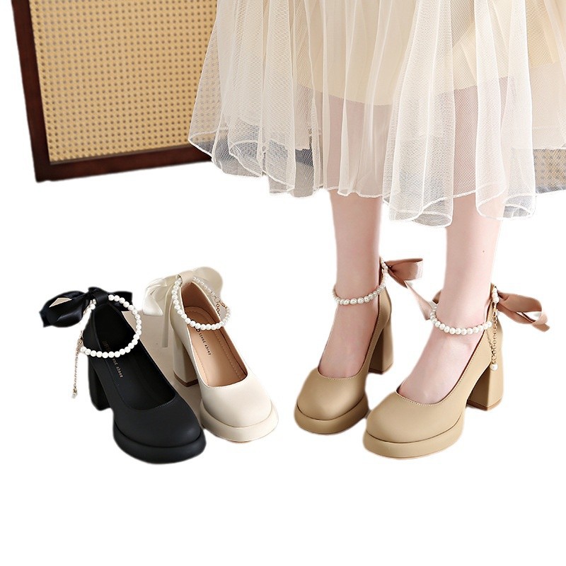Mary Jane Shoes Women's Preppy Style Chunky Heel Pearl All-match foto 2