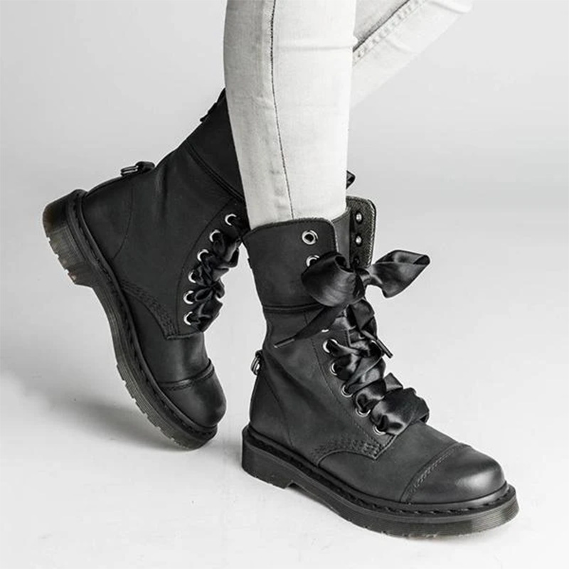 British-style Lace-up Round-toe Flat Ankle Boots For Women foto 5